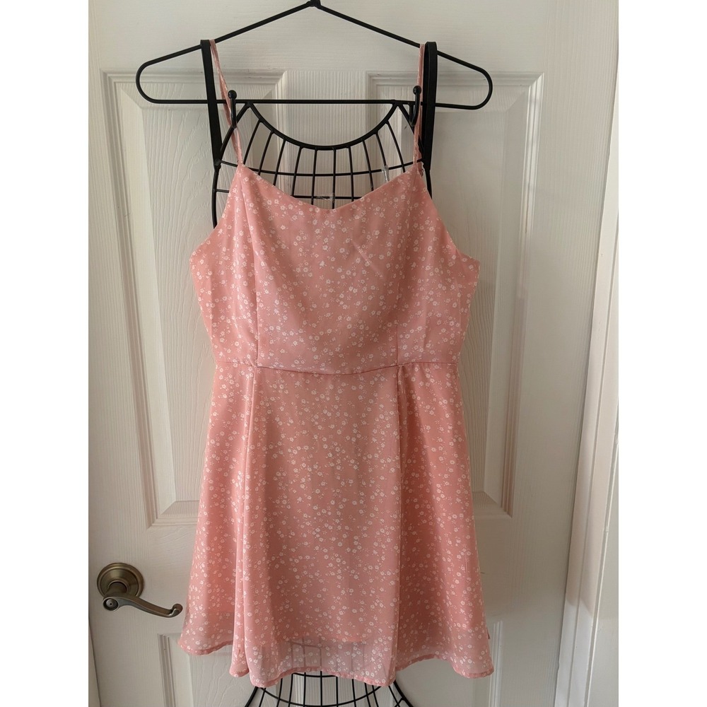 Love Tree Large Pink Floral Mini Dress Lace Up Back Fit Flare Sundress